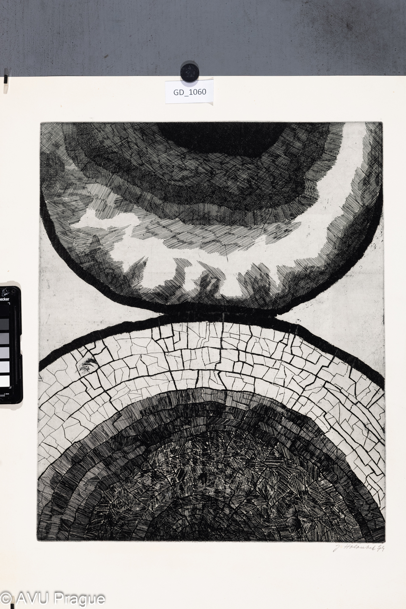 Jan Holoubek, Kompozice -2 polokoule, 1974, Lept, 44,8 x 36,9 ,58,5 x 46,6, Čepelák