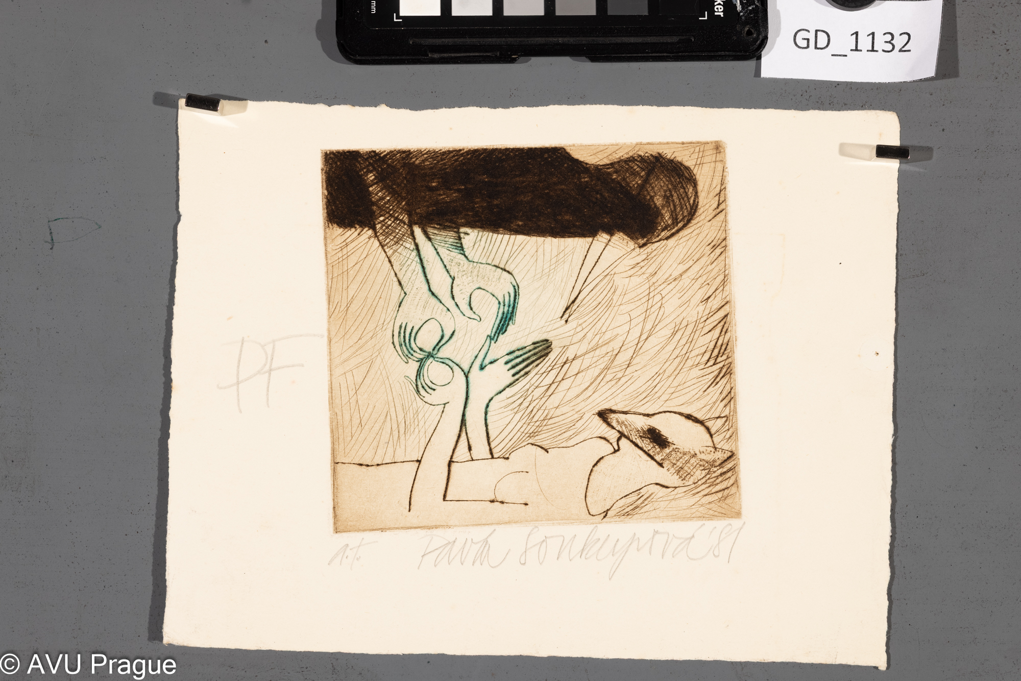 Pavla Soukupová, PF - muž s liškou,1981, Suchá jehla - barva,    11,1 x 11,3, 16 x 21, Čepelák