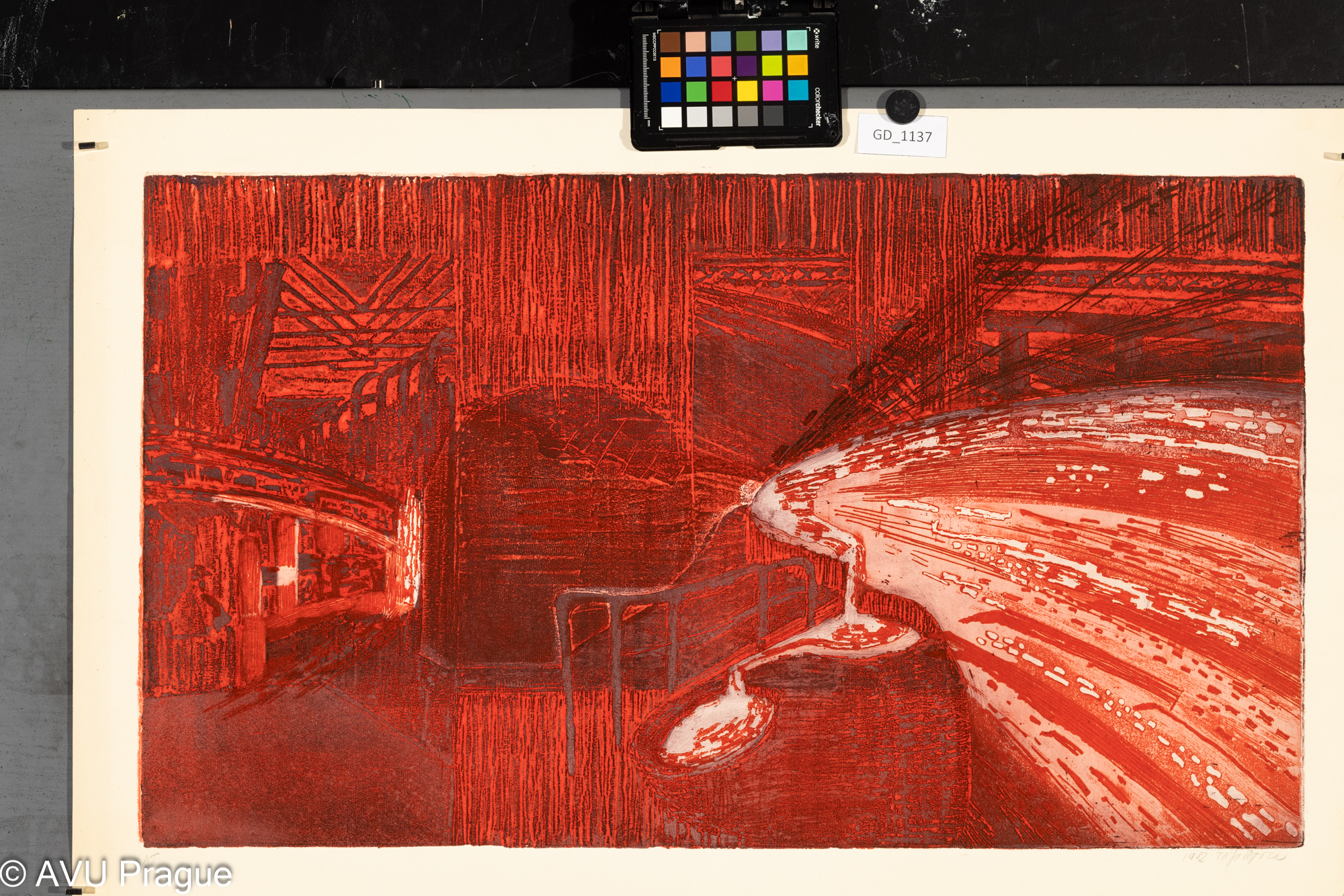 Tatjana Popocaová, Slévarna,1982,Lept / akvatinta - prolept-soutisk, 40 x 68,6, 48,1 x 76,5,Čepelák