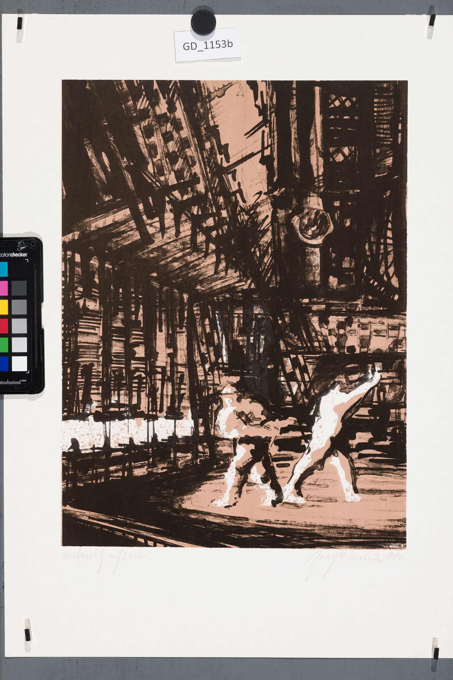 Josef Hlaváček, Dělníci v továrně, 1986, Litografie- tuž -dvě barvy, 37,3 x 27,5,          
 51,3 x 36,1, Čepelák