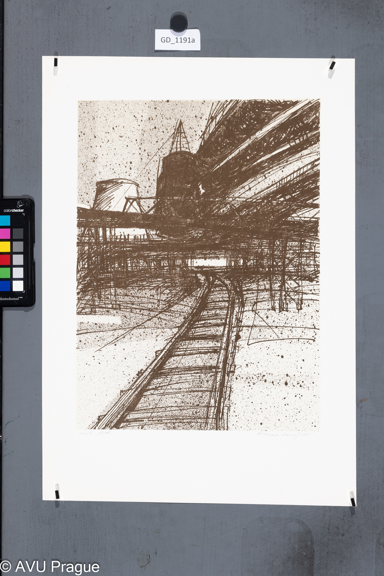 Jiří Kornatovský, Továrenská trať v továrně1985, Litografie - podtisk-tuž, 37,8 x 28,2,        
51,4 x 36,Čepelák
Paderlík, Ptáček