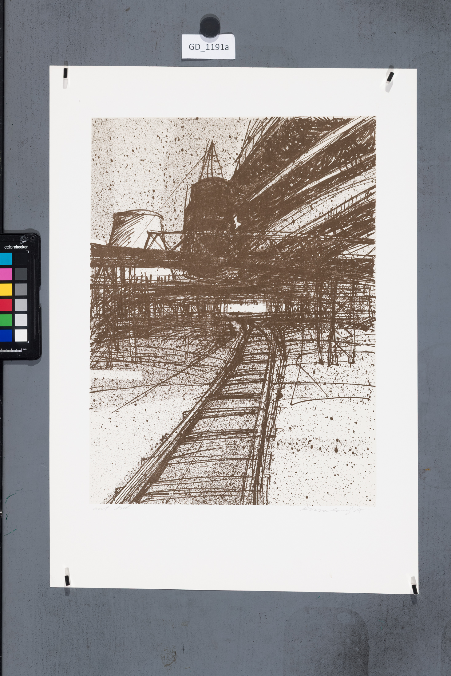 Jiří Kornatovský, Továrenská trať v továrně1985, Litografie - podtisk-tuž, 37,8 x 28,2,        
51,4 x 36,Čepelák
Paderlík, Ptáček