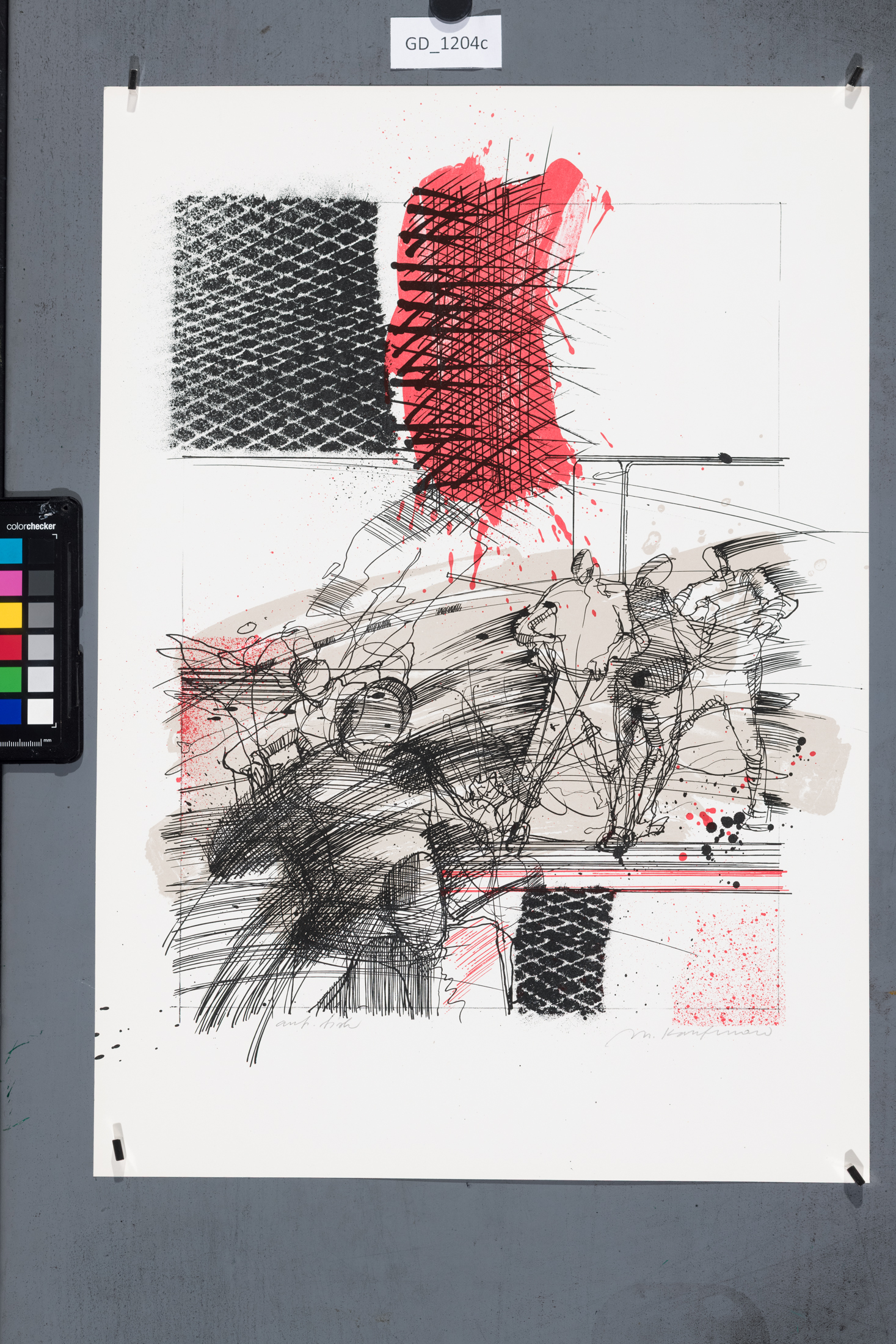 Miroslav Kaufman, dělníci v továrně, 1986?,Litografie - tuž - tři barvy, 42,5 x 33, 51,3 x 36,Pospíšil