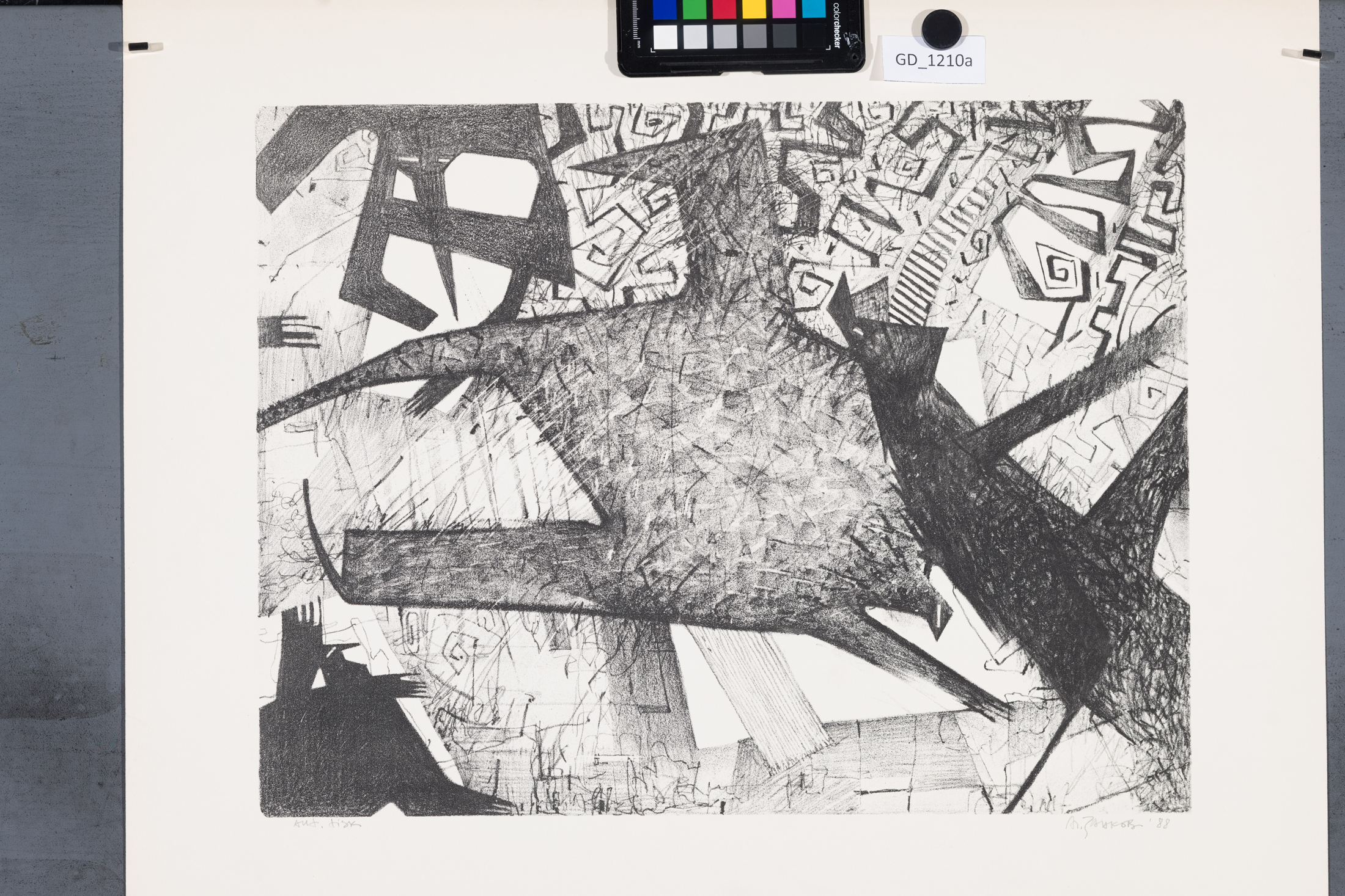 Nezjištěno, Abstraktní kompozice,1988,Litografie, 35,8 x 47, 51,3 x 60,4,