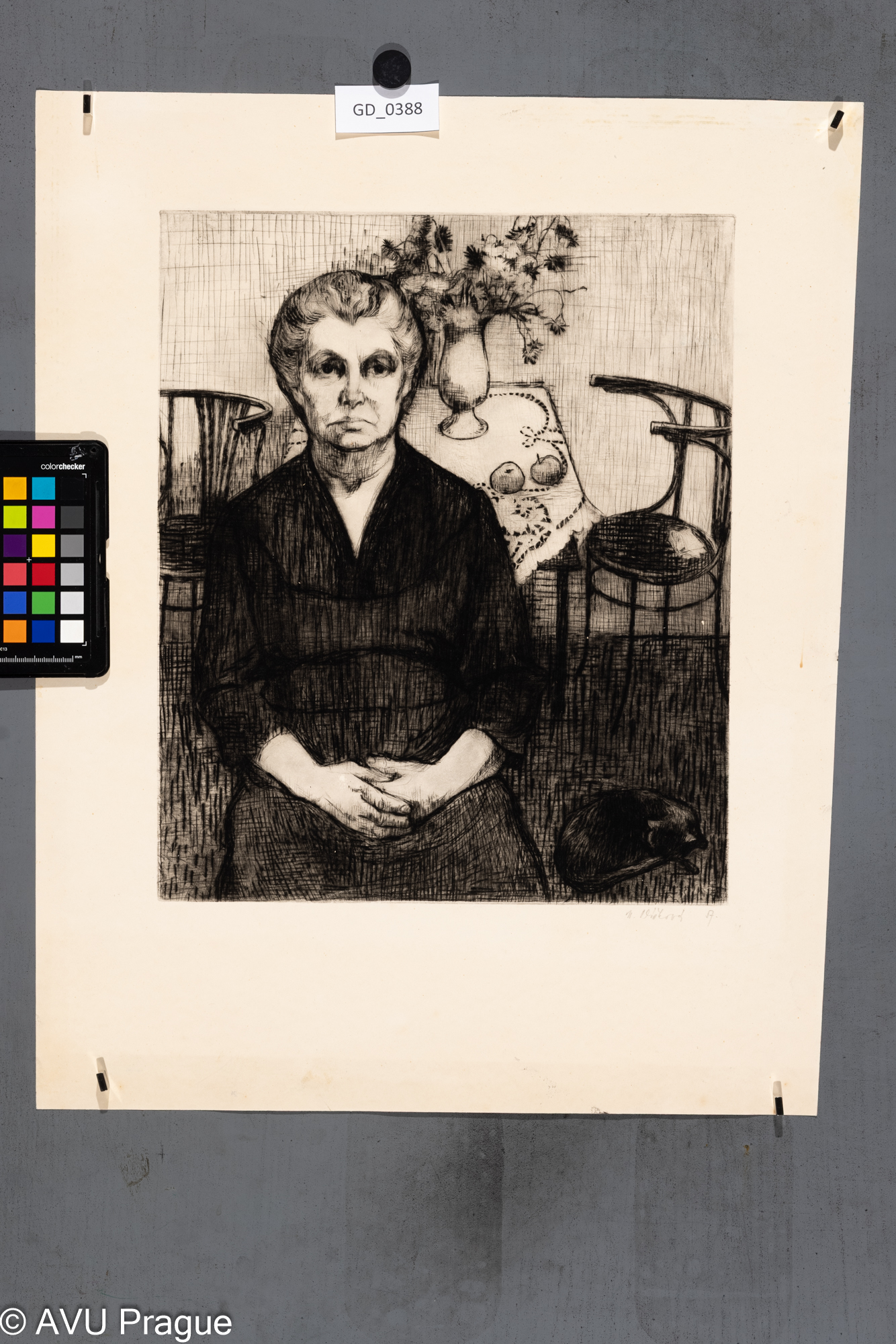 Sedící žena s kočkou a zátiším