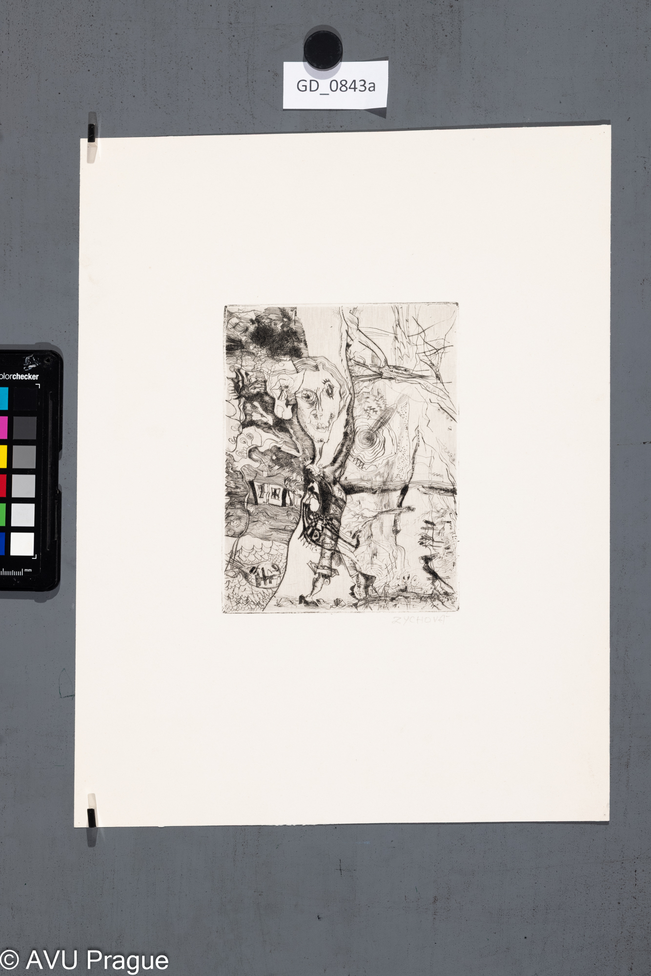 Ženská postava v krajině s domem